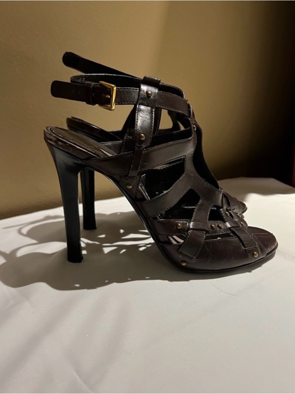 Tom Ford Dark Brown Strappy Studded High Heel Sandals
